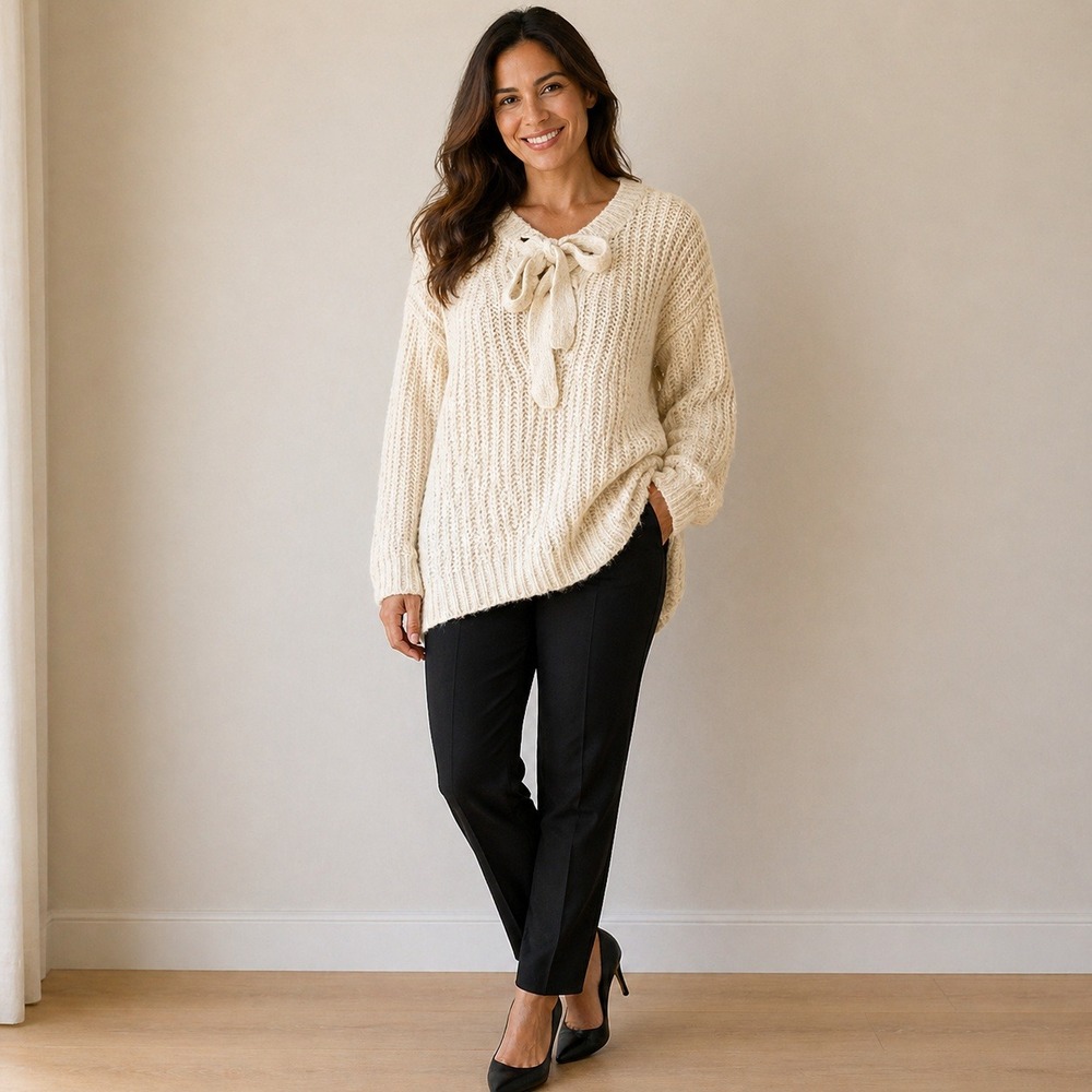 Aerie- Cream‎ V-Neck Sweater with Ribbed Knit Size M